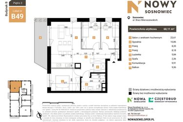 Rzut - Mieszkanie na sprzedaż 4 pokoje o powierzchni 68,11 m² - numer 49 w Nowy Sosnowiec