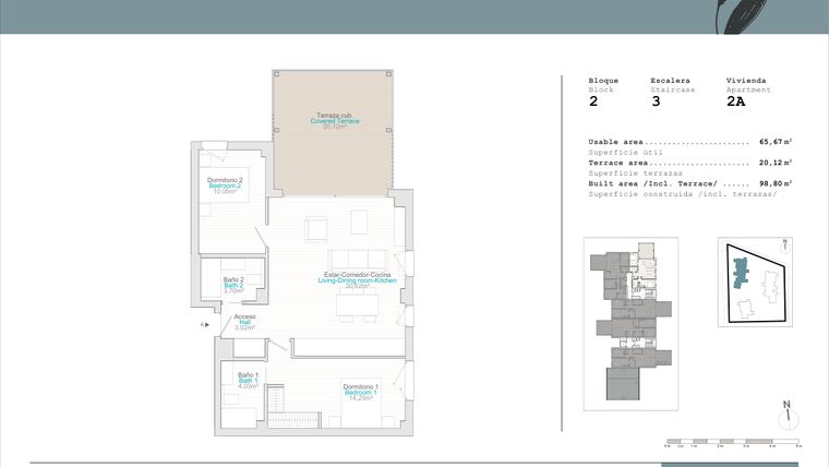 Rzut - Mieszkanie na sprzedaż 2 pokoje o powierzchni 65,67 m² - numer B2-2A w Talasa Celeus y Terra by Quadratia