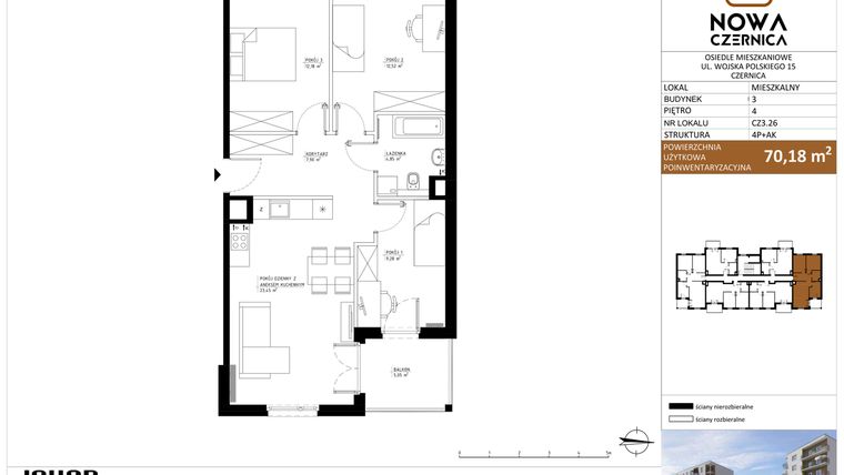 Rzut - Mieszkanie na sprzedaż 4 pokoje o powierzchni 70,18 m² - numer CZ3.26 w Nowa Czernica - etap II