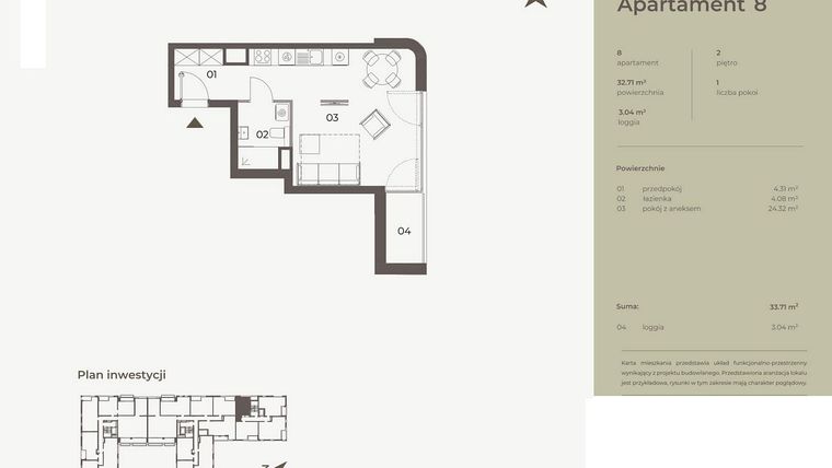 Rzut - Mieszkanie na sprzedaż 1 pokój o powierzchni 32,71 m² - numer 8 w Monument