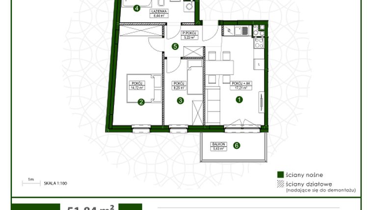 Rzut - Mieszkanie na sprzedaż 3 pokoje o powierzchni 51,72 m² - numer 8 w Moja Wiązowa