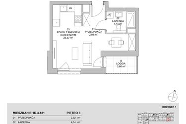 Rzut - Mieszkanie na sprzedaż 1 pokój o powierzchni 30,58 m² - numer 1D.3.181 w Francuska Park VIIIB