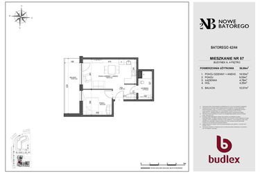 Rzut - Mieszkanie na sprzedaż 2 pokoje o powierzchni 38,09 m² - numer A57 w Nowe Batorego 2