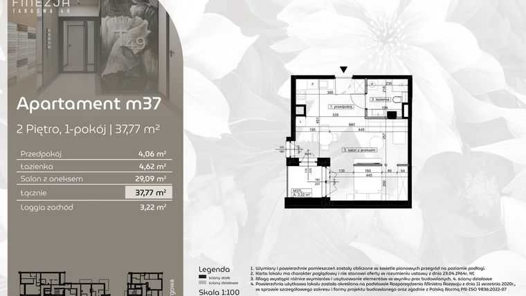 Rzut - Mieszkanie na sprzedaż 1 pokój o powierzchni 37,77 m² - numer M37 w Finezja Targowa 49