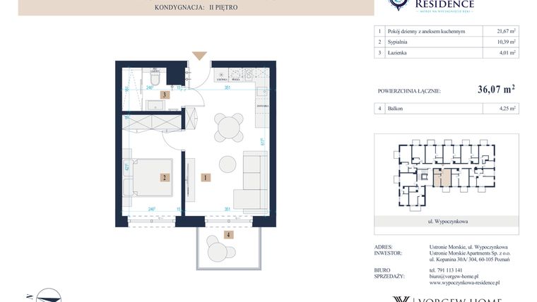 Rzut - Mieszkanie na sprzedaż 2 pokoje o powierzchni 36,07 m² - numer 39 w Wypoczynkowa Residence