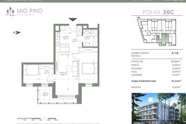 Rzut - Mieszkanie na sprzedaż 3 pokoje o powierzchni 51,34 m² - numer 1.8 w Mio Pino