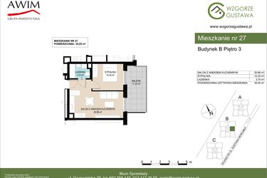 Rzut - Mieszkanie na sprzedaż 2 pokoje o powierzchni 35,05 m² - numer B27 w Wzgórze Gustawa