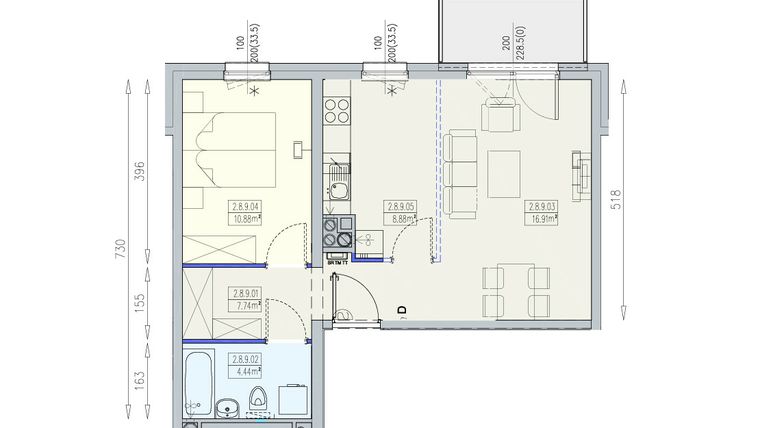 Rzut - Mieszkanie na sprzedaż 2 pokoje o powierzchni 48,85 m² - numer K1 2/8/9/2k w Południk 17 - budynek K1