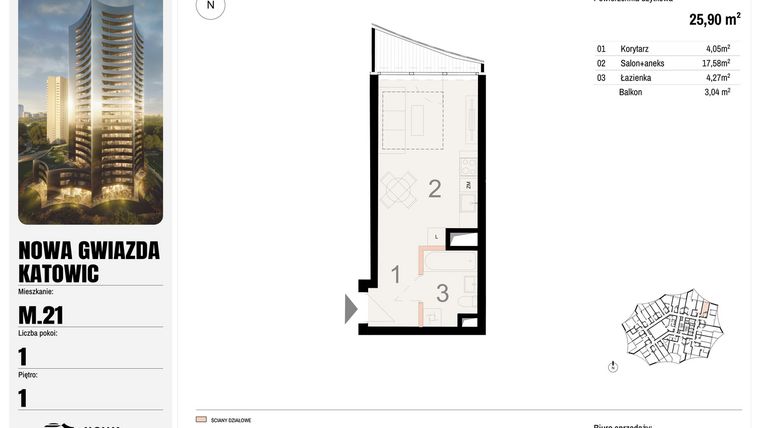 Rzut - Mieszkanie na sprzedaż 1 pokój o powierzchni 25,9 m² - numer M.21 w Nowa Gwiazda