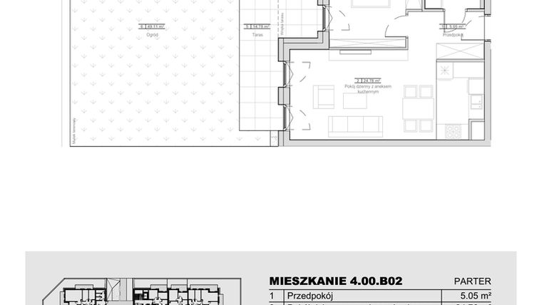 Rzut - Mieszkanie na sprzedaż 2 pokoje o powierzchni 46,57 m² - numer 4.00.B02 w Ogrody Andersa III