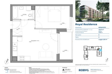 Rzut - Mieszkanie na sprzedaż 2 pokoje o powierzchni 40,07 m² - numer RR/6A/D/3/3 w Royal Residence 6A