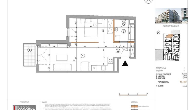 Rzut - Mieszkanie na sprzedaż 1 pokój o powierzchni 45,13 m² - numer A3/4 w 5th Avenue Apartments