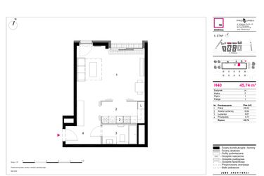 Rzut - Mieszkanie na sprzedaż 1 pokój o powierzchni 45,74 m² - numer H40 w 19. Dzielnica Etap V