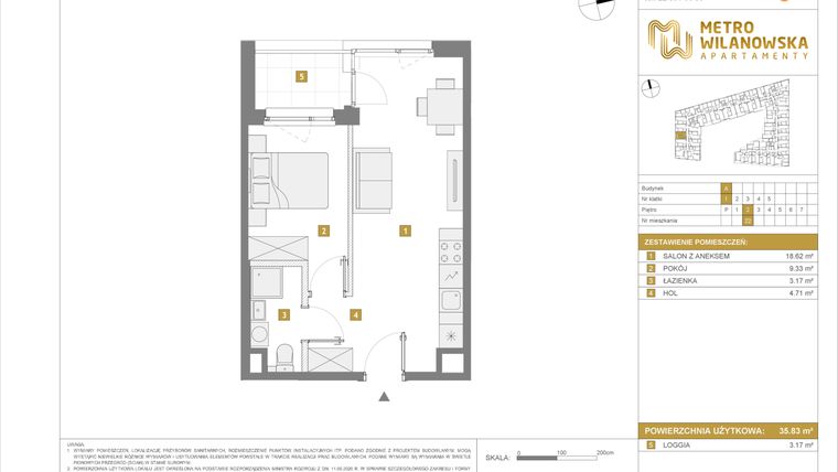 Rzut - Mieszkanie na sprzedaż 2 pokoje o powierzchni 35,83 m² - numer 22 w Apartamenty Metro Wilanowska