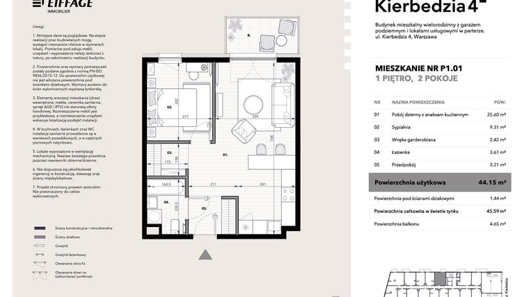 Rzut - Mieszkanie na sprzedaż 2 pokoje o powierzchni 44,15 m² - numer P1.01 w Kierbedzia 4