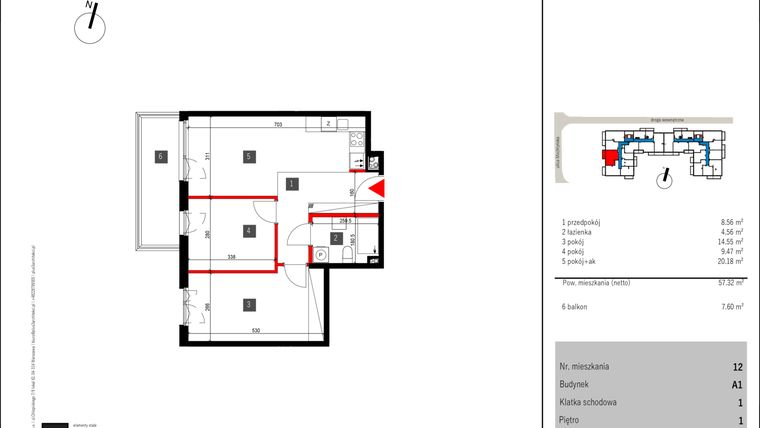 Rzut - Mieszkanie na sprzedaż 3 pokoje o powierzchni 57,32 m² - numer 12 w Mochtyńska 56