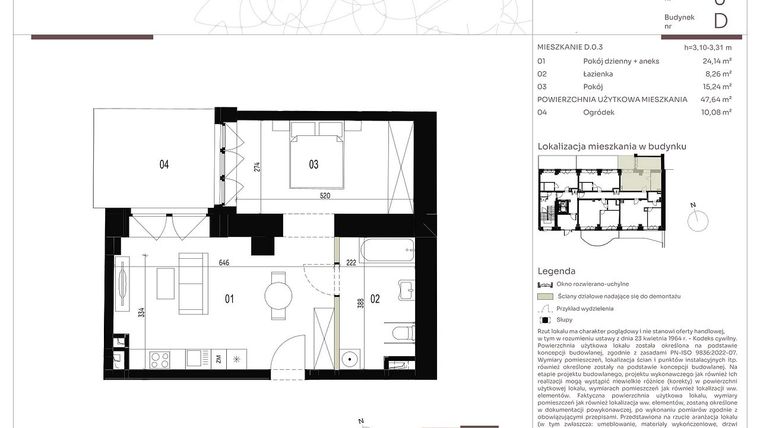 Rzut - Mieszkanie na sprzedaż 1 pokój o powierzchni 47,64 m² - numer D.0.3 w Nowa Stawowa