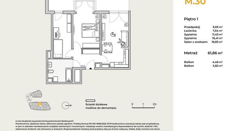 Rzut - Mieszkanie na sprzedaż 3 pokoje o powierzchni 61,86 m² - numer M30 w Baja Piaśniki