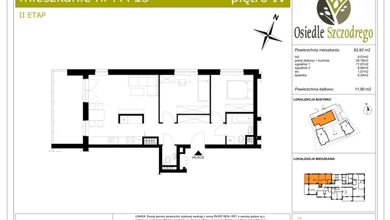 Rzut - Mieszkanie na sprzedaż 3 pokoje o powierzchni 63,92 m² - numer A13 w Osiedle Szczodrego II