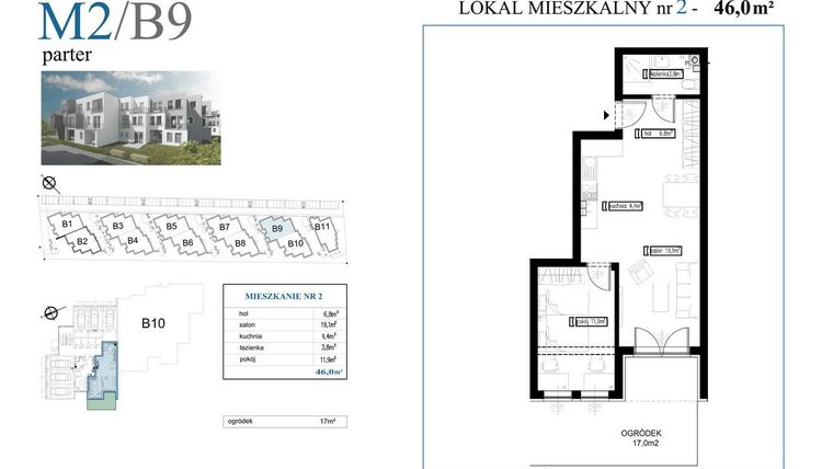 Rzut - Mieszkanie na sprzedaż 2 pokoje o powierzchni 46 m² - numer B9M2 w Przystań Rumia