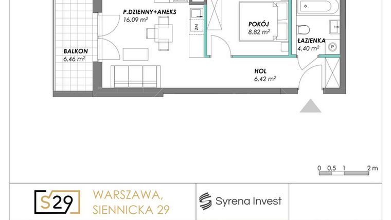 Rzut - Mieszkanie na sprzedaż 2 pokoje o powierzchni 35,73 m² - numer 31 w Siennicka 29