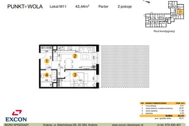 Rzut - Mieszkanie na sprzedaż 2 pokoje o powierzchni 43,44 m² - numer M11 w Punkt Wola