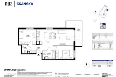 Rzut - Mieszkanie na sprzedaż 3 pokoje o powierzchni 66,56 m² - numer BC0401 w NU2 Warszawa Wola