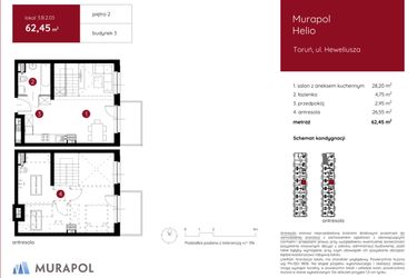 Rzut - Mieszkanie na sprzedaż 1 pokój o powierzchni 62,45 m² - numer 3.B.2.03 w Murapol Helio