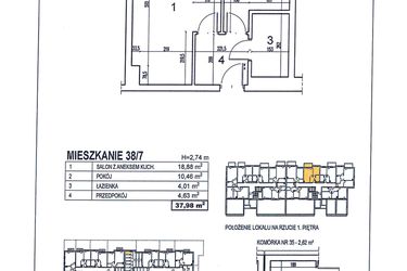 Rzut - Mieszkanie na sprzedaż 2 pokoje o powierzchni 37,98 m² - numer 38/7 w Osiedle Jodłowa bud. D