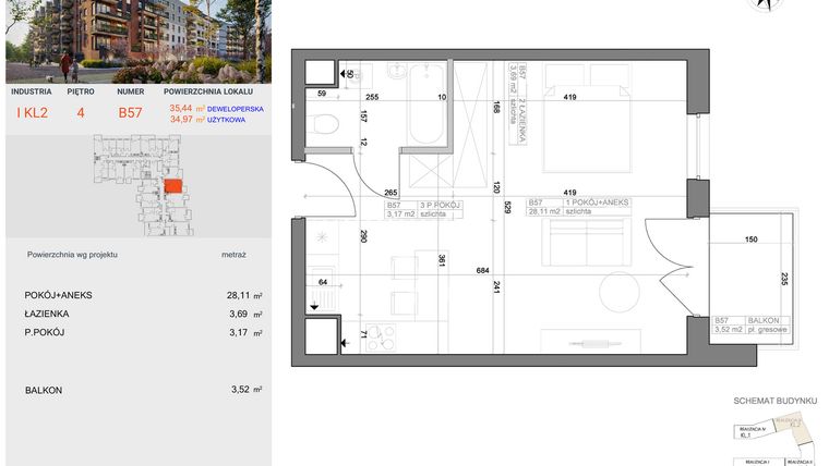 Rzut - Mieszkanie na sprzedaż 1 pokój o powierzchni 34,97 m² - numer I-B57 w Industria etap I-B