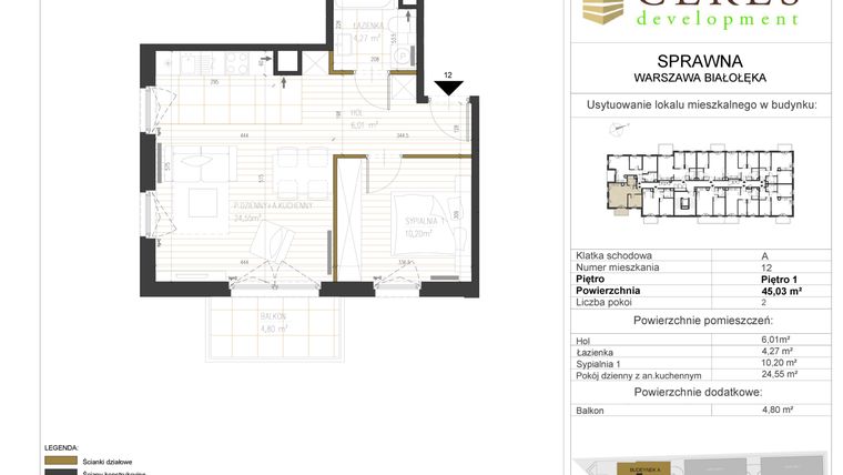 Rzut - Mieszkanie na sprzedaż 2 pokoje o powierzchni 45,03 m² - numer A12 w Osiedle Sprawna