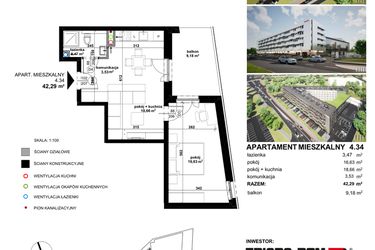 Rzut - Mieszkanie na sprzedaż 2 pokoje o powierzchni 42,29 m² - numer 4.34 w Apartamentowiec Zwycięska 3