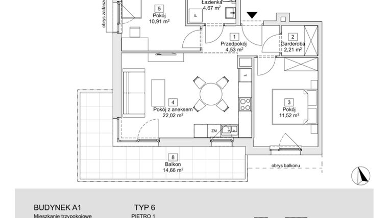 Rzut - Mieszkanie na sprzedaż 3 pokoje o powierzchni 58,17 m² - numer A1.1.3 w Zacisze Marcelin IIIa