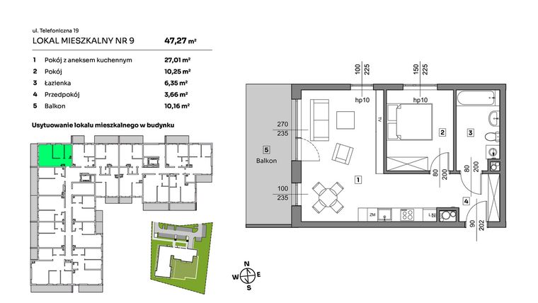 Rzut - Mieszkanie na sprzedaż 2 pokoje o powierzchni 47,27 m² - numer 9 w Nova Radiostacja