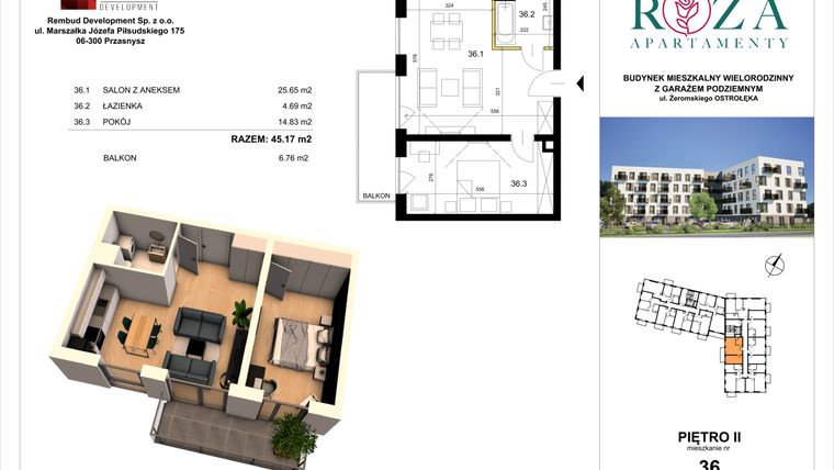Rzut - Mieszkanie na sprzedaż 2 pokoje o powierzchni 45,17 m² - numer M  36 w Apartamenty Róża