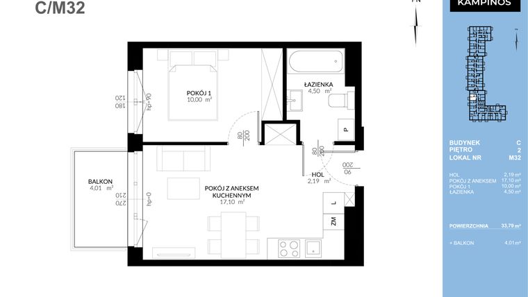 Rzut - Mieszkanie na sprzedaż 2 pokoje o powierzchni 33,79 m² - numer C_M32 w Triton Kampinos Klatka B i C