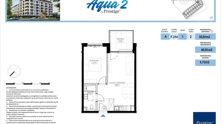 Rzut - Mieszkanie na sprzedaż 2 pokoje o powierzchni 38,89 m² - numer F.214 w Bel Mare (Międzyzdroje)