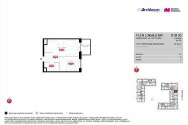 Rzut - Mieszkanie na sprzedaż 2 pokoje o powierzchni 38,28 m² - numer D1B 30 w Modern Mokotów etap 4, budynek D1 i D2