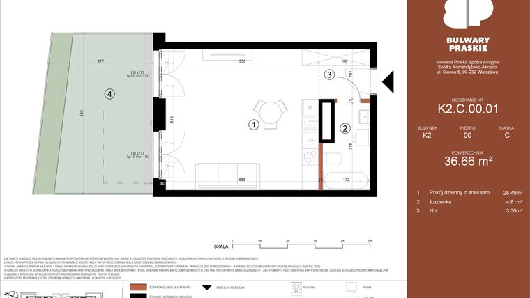 Rzut - Mieszkanie na sprzedaż 1 pokój o powierzchni 36,66 m² - numer K2.C.00.01 w Bulwary Praskie etap K i L
