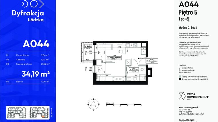 Rzut - Mieszkanie na sprzedaż 1 pokój o powierzchni 34,19 m² - numer A044 w Dyfrakcja Łódzka