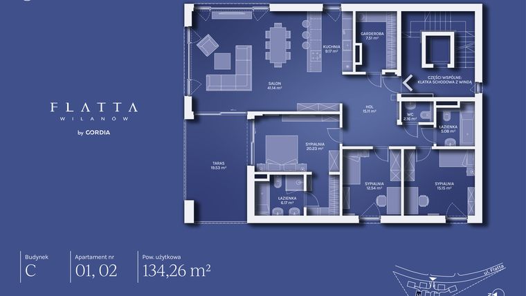 Rzut - Mieszkanie na sprzedaż 4 pokoje o powierzchni 134,26 m² - numer C.01 w Flatta Wilanów