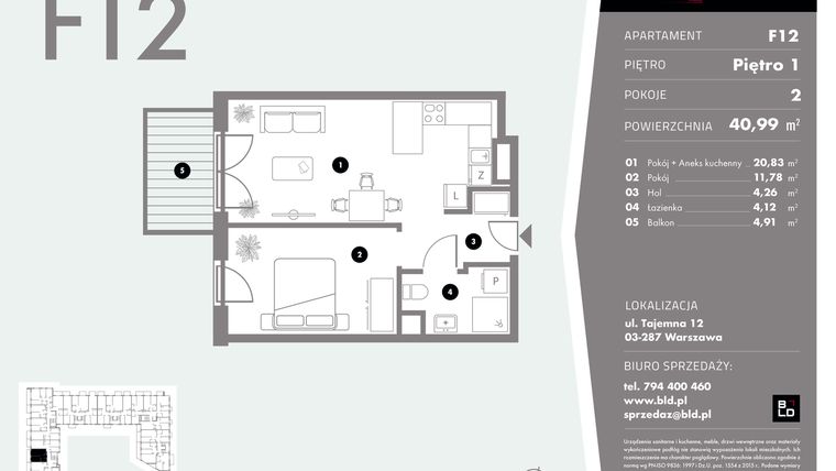 Rzut - Mieszkanie na sprzedaż 2 pokoje o powierzchni 40,99 m² - numer F12 w Livo