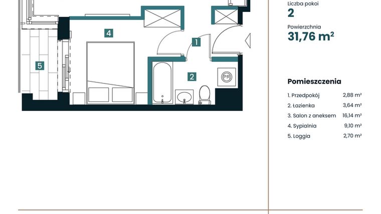 Rzut - Mieszkanie na sprzedaż 1 pokój o powierzchni 31,76 m² - numer M404 w Sea Breeze