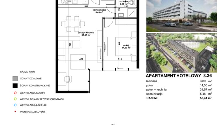 Rzut - Mieszkanie na sprzedaż 2 pokoje o powierzchni 54,12 m² - numer 3.36 w Apartamentowiec Zwycięska 3 - inwestycyjne