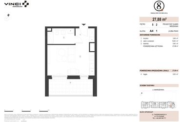 Rzut - Mieszkanie na sprzedaż 1 pokój o powierzchni 27,88 m² - numer A/4/5.2 w Smardzewska 8