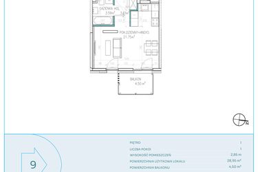 Rzut - Mieszkanie na sprzedaż 1 pokój o powierzchni 28,95 m² - numer C9 w Dwa Jeziora CD