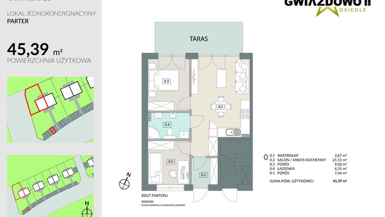 Rzut - Mieszkanie na sprzedaż 3 pokoje o powierzchni 45,39 m² - numer D1.1 w Gwiazdowo II