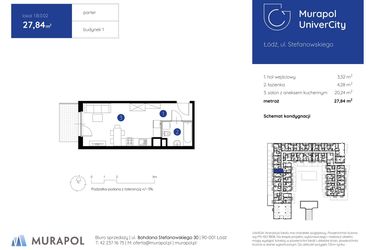 Rzut - Mieszkanie na sprzedaż 1 pokój o powierzchni 27,84 m² - numer 1.B.0.02 w Murapol UniverCity