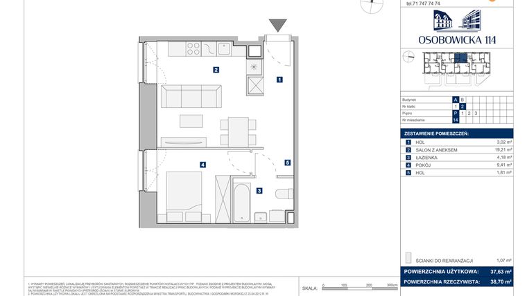 Rzut - Mieszkanie na sprzedaż 2 pokoje o powierzchni 37,63 m² - numer A.14 w Osobowicka 114