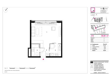 Rzut - Mieszkanie na sprzedaż 1 pokój o powierzchni 38,88 m² - numer J12 w 19. Dzielnica Etap V